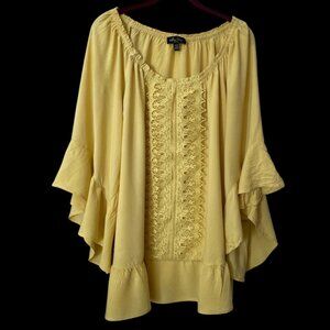 Golden Yellow Melissa Paige Women's Boho Lace Blouse Flared Ruffled Sleeve 1X